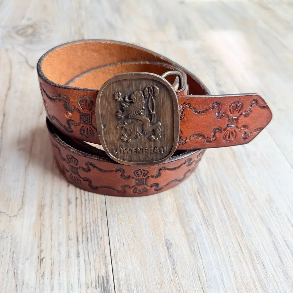 Vintage Lowenbrau Beer Leather Belt Size 36 Embossed Western Brass Buckle Miller